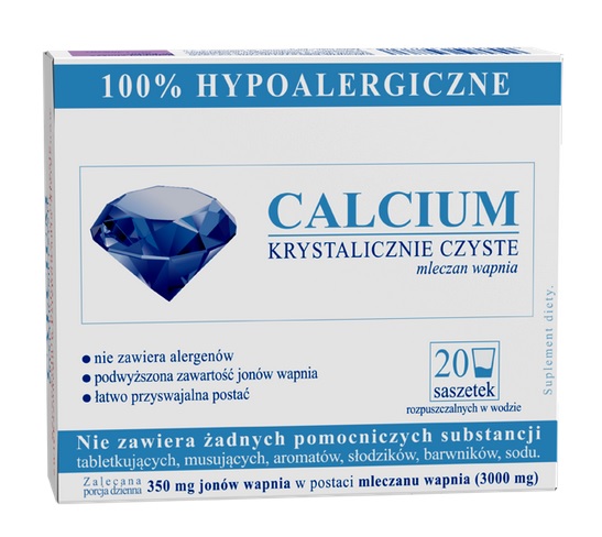 Calcium Krystalicznie Czyste 100% hypoalergiczne proszek 20 saszetek-data waznosci 30.07.2024