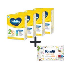 Bebiko 2 Nutriflor Expert  mleko począt. od urodzenia 4 x 600 g +Chusteczki Kindii Extra Soft 60szt.