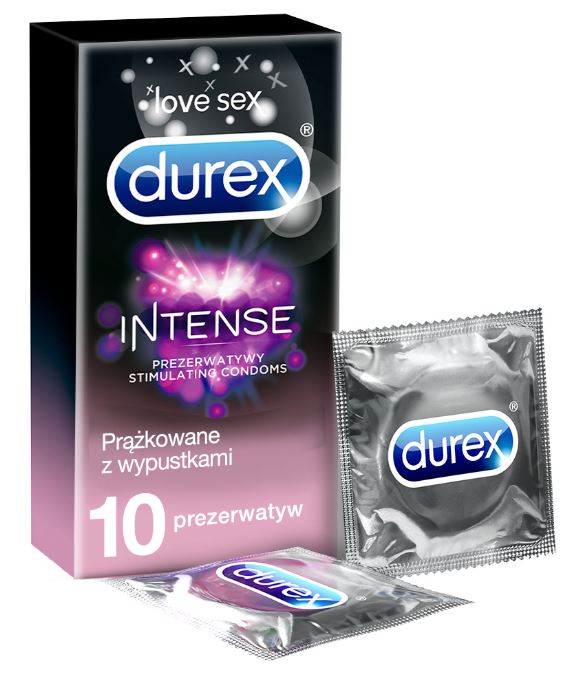 Durex prezerwatywy Intense z żelem stymulującym, prążkowane z wypustkami 10 szt. *