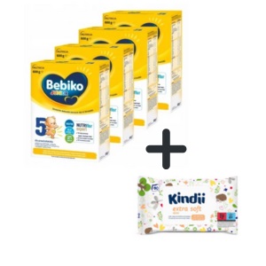 Bebiko 5 Nutriflor Expert  mleko począt. od urodzenia  4 x 600 g+Chusteczki Kindii Extra Soft 60szt.